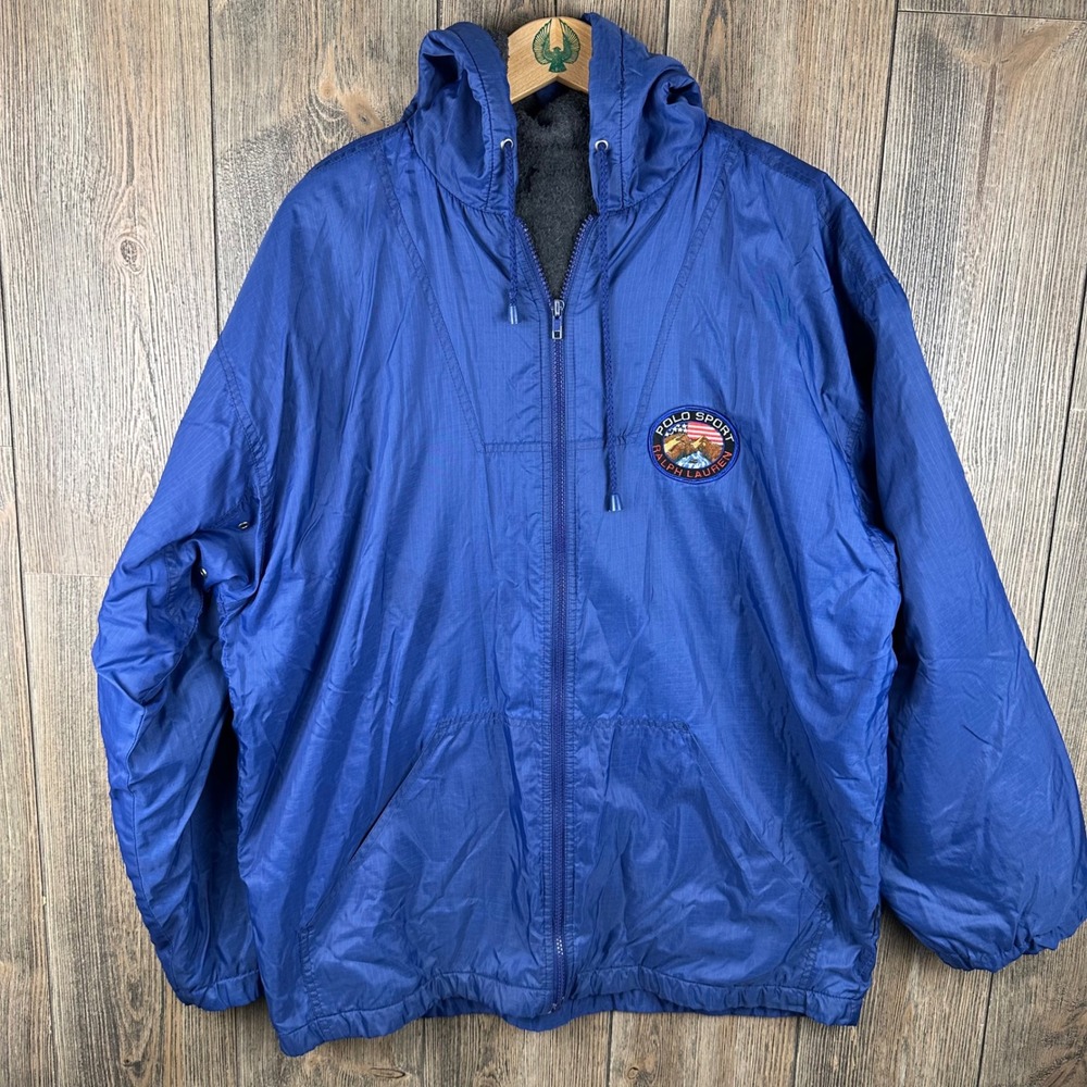 Polo Sport Ralph Lauren Vintage 90s Windbreaker Jacket Blue Fleece Lined Mens L - Picture 2 of 8
